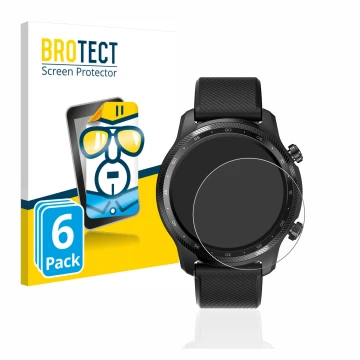 Parte frontal de un envase de producto con el logotipo de la marca BROTECT. Al lado se muestra el dispositivo Mobvoi Ticwatch 