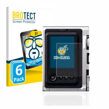 Parte frontal de un envase de producto con el logotipo de la marca BROTECT. Al lado se muestra el dispositivo Fujifilm Instax 