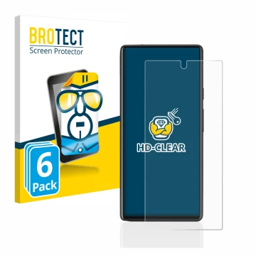 Parte frontal de un envase de producto con el logotipo de la marca BROTECT. Al lado se muestra el dispositivo Google Pixel 6a 