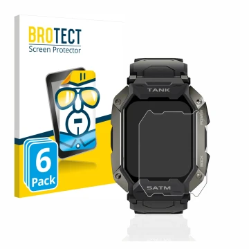 Parte frontal de un envase de producto con el logotipo de la marca BROTECT. Al lado se muestra el dispositivo Kospet Tank M1 c