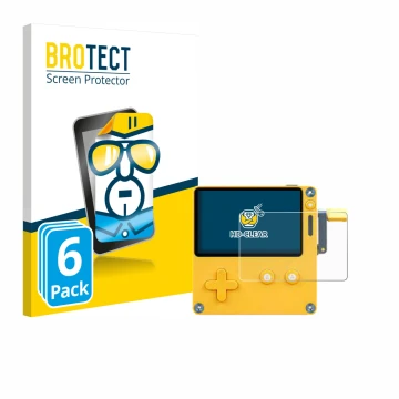 Parte frontal de un envase de producto con el logotipo de la marca BROTECT. Al lado se muestra el dispositivo Panic Playdate c