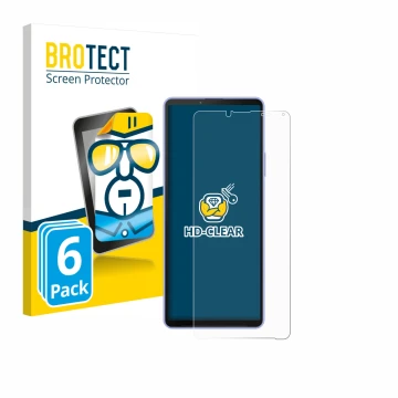 Parte frontal de un envase de producto con el logotipo de la marca BROTECT. Al lado se muestra el dispositivo Sony Xperia 10 I