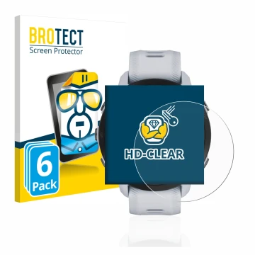 Parte frontal de un envase de producto con el logotipo de la marca BROTECT. Al lado se muestra el dispositivo Garmin Forerunne