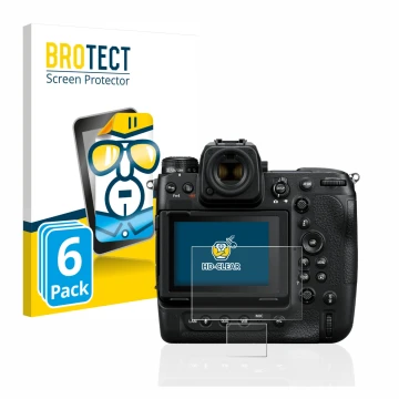 Parte frontal de un envase de producto con el logotipo de la marca BROTECT. Al lado se muestra el dispositivo Nikon Z 9 (Panta