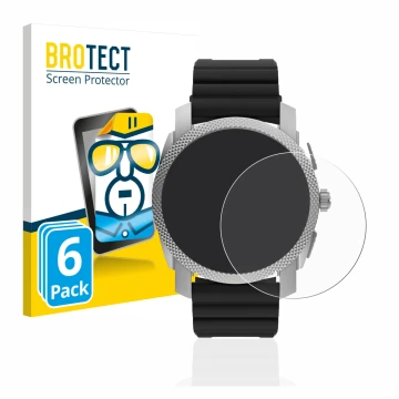 Parte frontal de un envase de producto con el logotipo de la marca BROTECT. Al lado se muestra el dispositivo Fossil Gen 6 Hyb