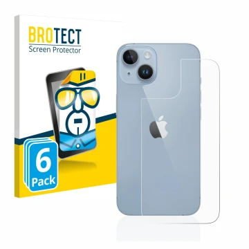 Parte frontal de un envase de producto con el logotipo de la marca BROTECT. Al lado se muestra el dispositivo Apple iPhone 14 