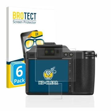 Parte frontal de un envase de producto con el logotipo de la marca BROTECT. Al lado se muestra el dispositivo Fujifilm X-H2 co