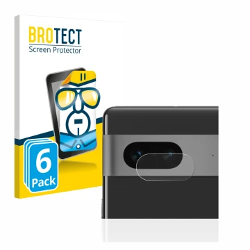 Parte frontal de un envase de producto con el logotipo de la marca BROTECT. Al lado se muestra el dispositivo Google Pixel 7 (