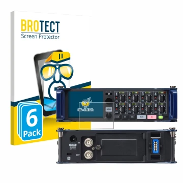 Parte frontal de un envase de producto con el logotipo de la marca BROTECT. Al lado se muestra el dispositivo Zoom F8 field re