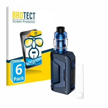 Parte frontal de un envase de producto con el logotipo de la marca BROTECT. Al lado se muestra el dispositivo GeekVape Aegis L