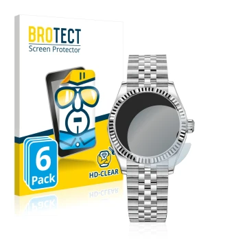 Parte frontal de un envase de producto con el logotipo de la marca BROTECT. Al lado se muestra el dispositivo Rolex Datejust 3