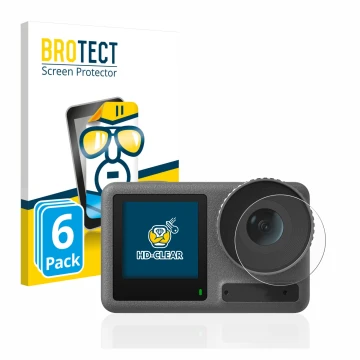 Parte frontal de un envase de producto con el logotipo de la marca BROTECT. Al lado se muestra el dispositivo DJI Osmo Action 