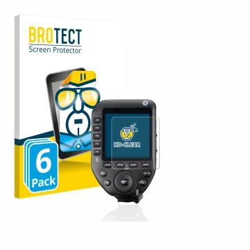 Parte frontal de un envase de producto con el logotipo de la marca BROTECT. Al lado se muestra el dispositivo Godox XPro II co