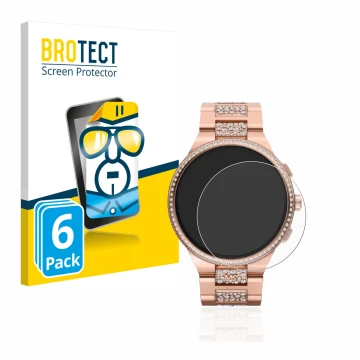 Parte frontal de un envase de producto con el logotipo de la marca BROTECT. Al lado se muestra el dispositivo Michael Kors Cam