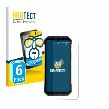 Parte frontal de un envase de producto con el logotipo de la marca BROTECT. Al lado se muestra el dispositivo Doogee S100 con 