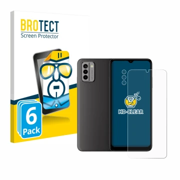 Parte frontal de un envase de producto con el logotipo de la marca BROTECT. Al lado se muestra el dispositivo Nokia G22 (Front