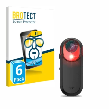 Parte frontal de un envase de producto con el logotipo de la marca BROTECT. Al lado se muestra el dispositivo Garmin Varia RCT