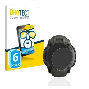 Parte frontal de un envase de producto con el logotipo de la marca BROTECT. Al lado se muestra el dispositivo Garmin Instinct 