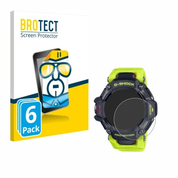 Parte frontal de un envase de producto con el logotipo de la marca BROTECT. Al lado se muestra el dispositivo Casio G-Shock GB