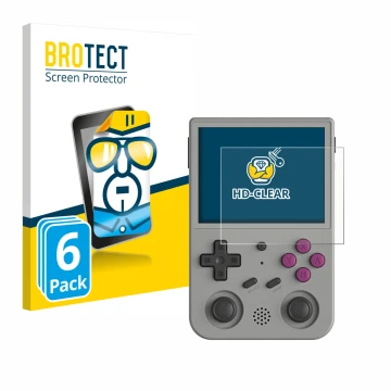 Parte frontal de un envase de producto con el logotipo de la marca BROTECT. Al lado se muestra el dispositivo Anbernic RG353V 