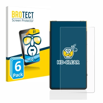 Parte frontal de un envase de producto con el logotipo de la marca BROTECT. Al lado se muestra el dispositivo Sony Walkman NW-