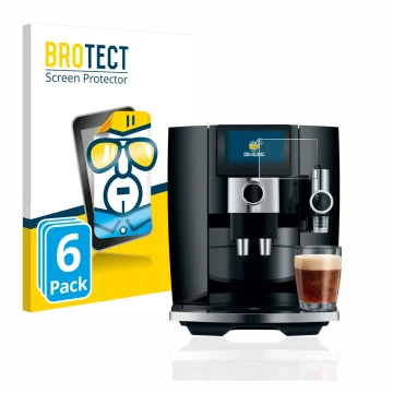Parte frontal de un envase de producto con el logotipo de la marca BROTECT. Al lado se muestra el dispositivo Jura J8 con su p