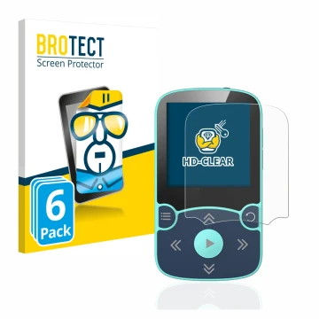 Parte frontal de un envase de producto con el logotipo de la marca BROTECT. Al lado se muestra el dispositivo AGPtek A65X MP3 