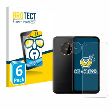 Parte frontal de un envase de producto con el logotipo de la marca BROTECT. Al lado se muestra el dispositivo Gigaset GX6 (Fro