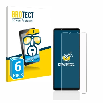 Parte frontal de un envase de producto con el logotipo de la marca BROTECT. Al lado se muestra el dispositivo Sony Xperia 1 V 
