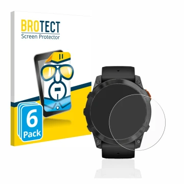 Parte frontal de un envase de producto con el logotipo de la marca BROTECT. Al lado se muestra el dispositivo Garmin Fenix 7X 