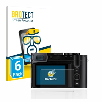 Parte frontal de un envase de producto con el logotipo de la marca BROTECT. Al lado se muestra el dispositivo Leica Q3 con su 