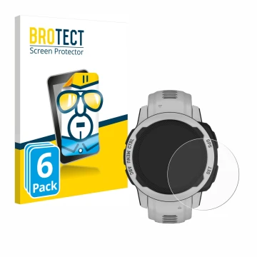 Parte frontal de un envase de producto con el logotipo de la marca BROTECT. Al lado se muestra el dispositivo Garmin Instinct 