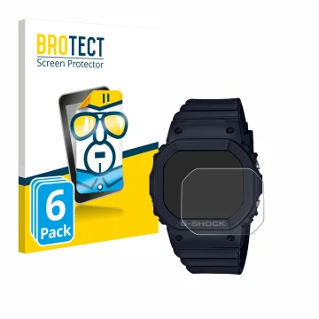 Parte frontal de un envase de producto con el logotipo de la marca BROTECT. Al lado se muestra el dispositivo Casio G-Shock GM