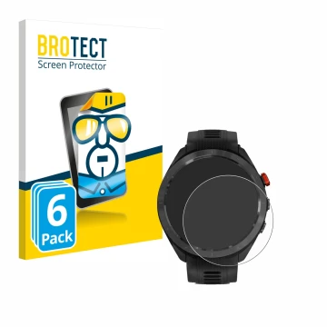 Parte frontal de un envase de producto con el logotipo de la marca BROTECT. Al lado se muestra el dispositivo Garmin Approach 