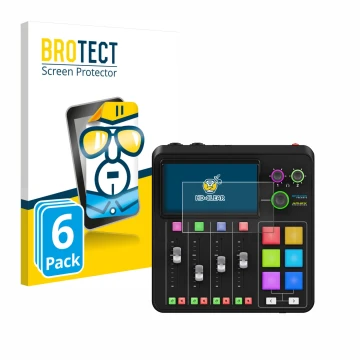 Parte frontal de un envase de producto con el logotipo de la marca BROTECT. Al lado se muestra el dispositivo Rode Rodecaster 