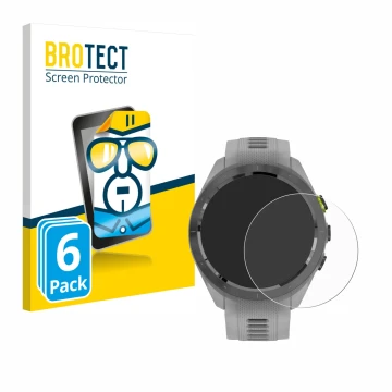 Parte frontal de un envase de producto con el logotipo de la marca BROTECT. Al lado se muestra el dispositivo Garmin Approach 