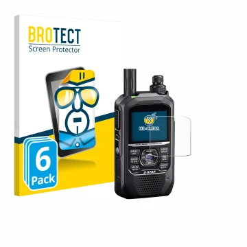 Parte frontal de un envase de producto con el logotipo de la marca BROTECT. Al lado se muestra el dispositivo Icom ID-50E con 