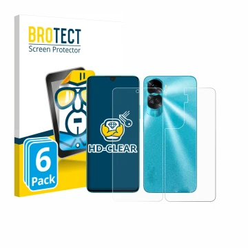 Parte frontal de un envase de producto con el logotipo de la marca BROTECT. Al lado se muestra el dispositivo Honor 90 Lite (F