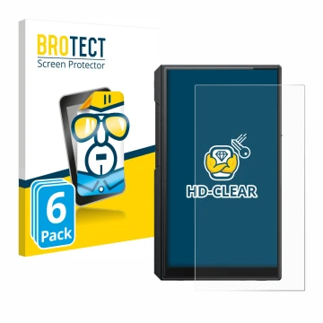 Parte frontal de un envase de producto con el logotipo de la marca BROTECT. Al lado se muestra el dispositivo FiiO M11s con su