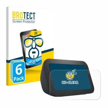 Parte frontal de un envase de producto con el logotipo de la marca BROTECT. Al lado se muestra el dispositivo Amazon Echo Show