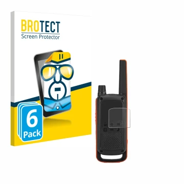 Parte frontal de un envase de producto con el logotipo de la marca BROTECT. Al lado se muestra el dispositivo Motorola Talkabo