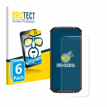 Parte frontal de un envase de producto con el logotipo de la marca BROTECT. Al lado se muestra el dispositivo Oukitel WP18 con