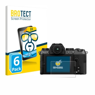 Parte frontal de un envase de producto con el logotipo de la marca BROTECT. Al lado se muestra el dispositivo Fujifilm X-S20 c