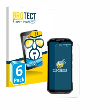 Parte frontal de un envase de producto con el logotipo de la marca BROTECT. Al lado se muestra el dispositivo Doogee S110 con 