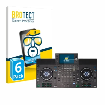 Parte frontal de un envase de producto con el logotipo de la marca BROTECT. Al lado se muestra el dispositivo Denon DJ SC LIVE