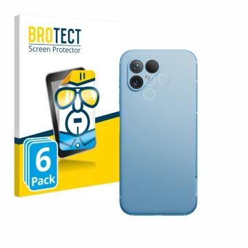 Parte frontal de un envase de producto con el logotipo de la marca BROTECT. Al lado se muestra el dispositivo Fairphone 5 (SÓL