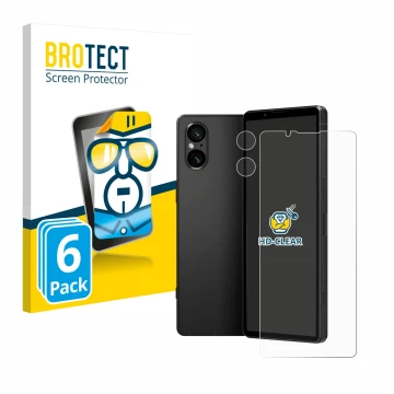 Parte frontal de un envase de producto con el logotipo de la marca BROTECT. Al lado se muestra el dispositivo Sony Xperia 5 V 