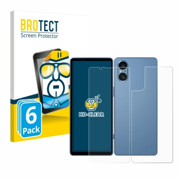 Parte frontal de un envase de producto con el logotipo de la marca BROTECT. Al lado se muestra el dispositivo Sony Xperia 5 V 