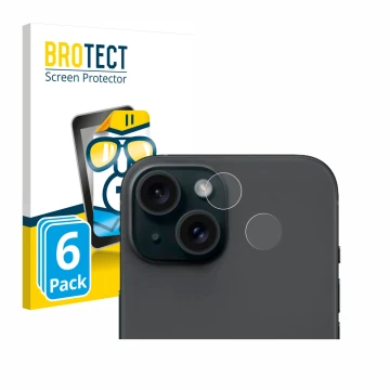 Parte frontal de un envase de producto con el logotipo de la marca BROTECT. Al lado se muestra el dispositivo Apple iPhone 15 