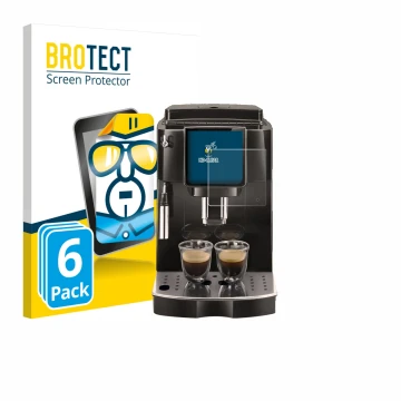 Parte frontal de un envase de producto con el logotipo de la marca BROTECT. Al lado se muestra el dispositivo DeLonghi Magnifi